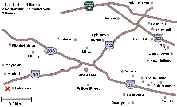 Click on a city name to display inns in that city, or click anywhere else for a list of all inns in Lancaster County.