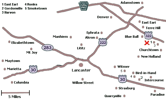 Click on a city name to display inns in that city, or click anywhere else for a list of all inns in Lancaster County.