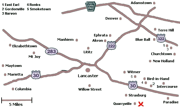 Click on a city name to display inns in that city, or click anywhere else for a list of all inns in Lancaster County.