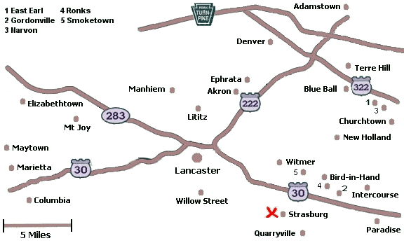 Click on a city name to display inns in that city, or click anywhere else for a list of all inns in Lancaster County.